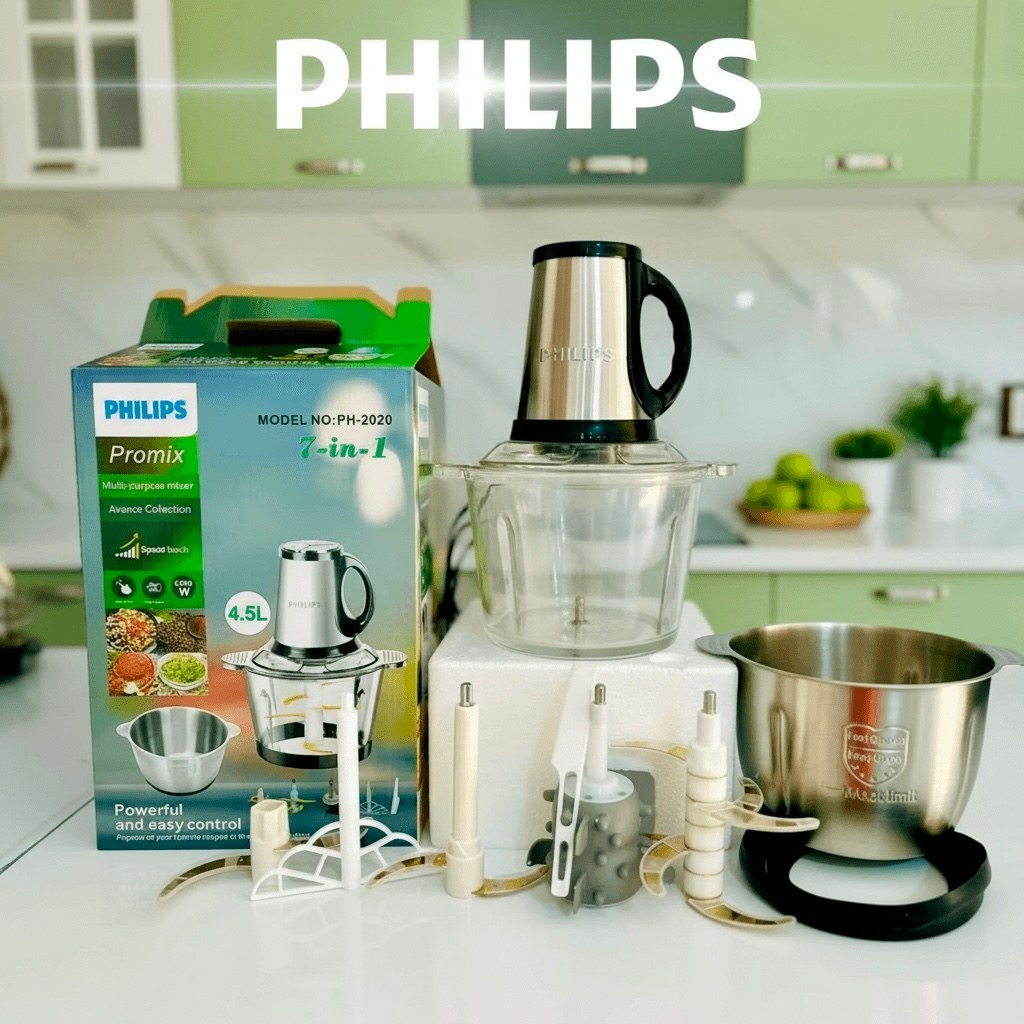 خردکن برقی دوکاسه فیلیپس مدل PH2020، ظرفیت 4.5 لیتری، 6 تیغه تیتانیوم طلایی همراه با سیر پوست کن و همزن
