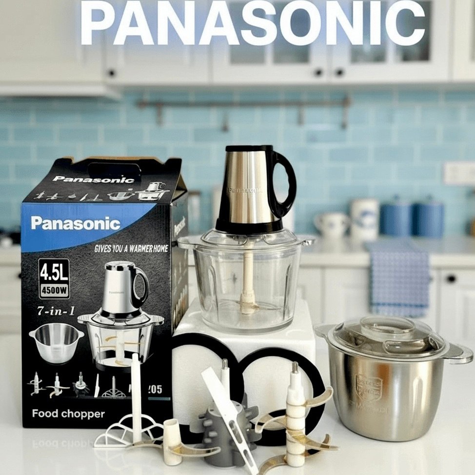خردکن دوکاسه 4.5 لیتری پاناسونیک با 4 تیغه تیتانیوم طلایی، قدرت 4500 وات مدل PH2020، همراه با سیرپوست کن و همزن