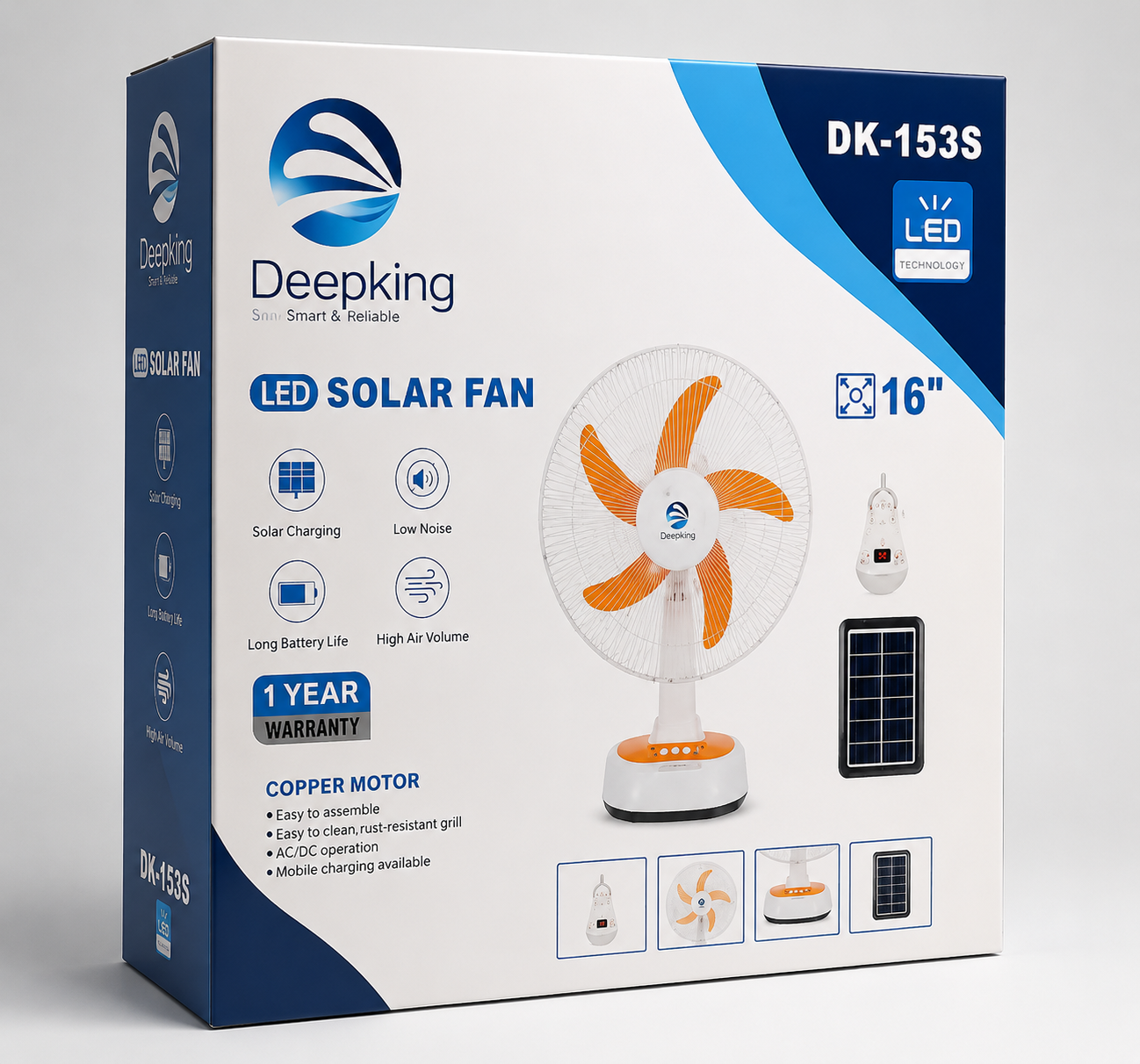 پنکه شارژی برقی رومیزی 16 اینچ چرخشی با سلول خورشیدی برند دیپ کینگ مدل Deep king DK-153S